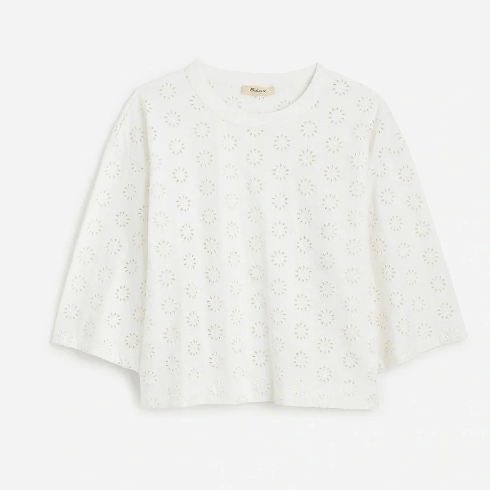 New - Madewell White Embroidered Wide-Sleeve Boxy Tee - Picture 5 of 8
